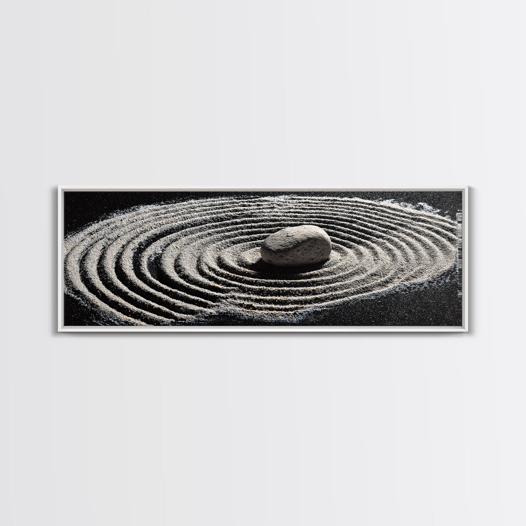 Zen Sand Garden With Center Stone Wall Art, Black And White Minimalist Decor, Japandi Meditation Print For Spa Room, Home Decor