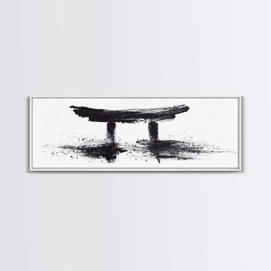 Black Ink Japanese Torii Gate Wall Art, Minimalist Canvas Print, Zen Calligraphy Decor, Black And White Japandi Office Wall Decor