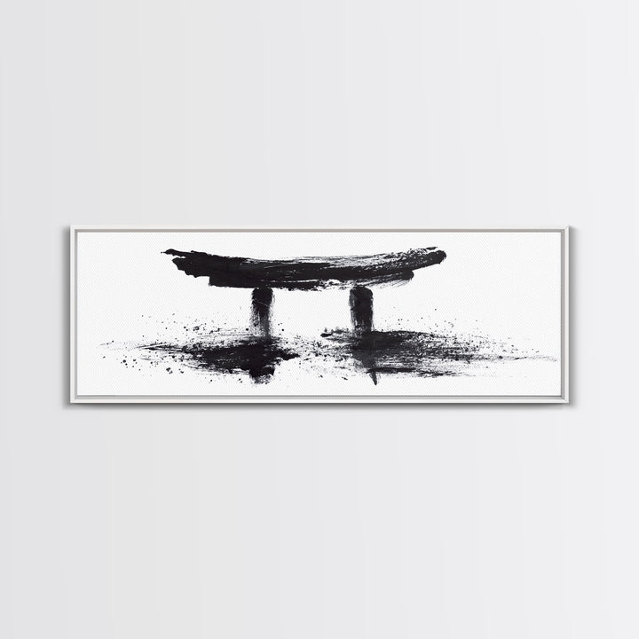 Black Ink Japanese Torii Gate Wall Art, Minimalist Canvas Print, Zen Calligraphy Decor, Black And White Japandi Office Wall Decor