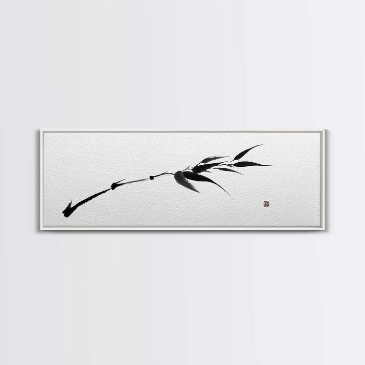Minimalist Black Bamboo Ink Branch Wall Art, Japanese Zen Canvas Print, Monochrome Botanical Decor, Wabi Sabi Office Art