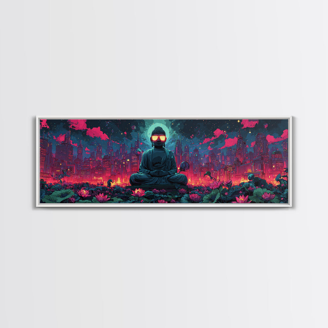 Neon Cyberpunk Buddha City Canvas Print, Futuristic Wall Art, Meditation Decor, Lotus Garden, Gaming Room Poster, Sci Fi Home Decor