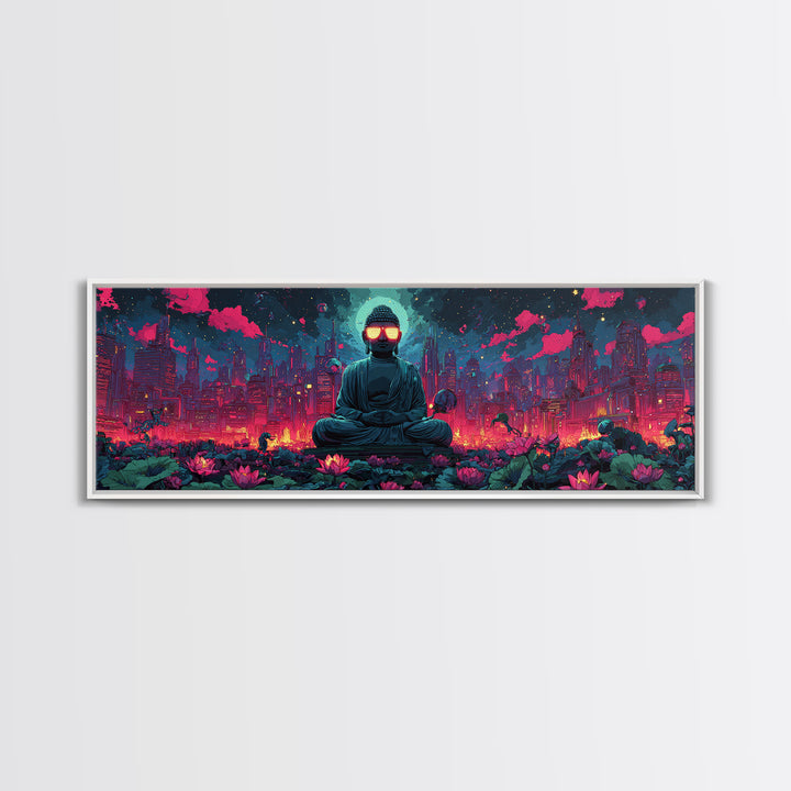 Neon Cyberpunk Buddha City Canvas Print, Futuristic Wall Art, Meditation Decor, Lotus Garden, Gaming Room Poster, Sci Fi Home Decor