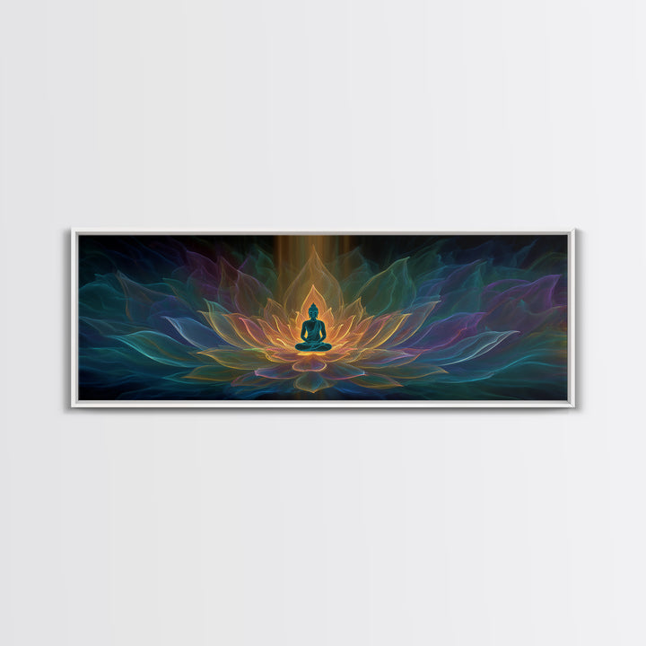 Glowing Buddha Lotus Meditation Canvas Print, Spiritual Zen Wall Decor, Yoga Room Art, Sacred Geometry, Calming Home Decor