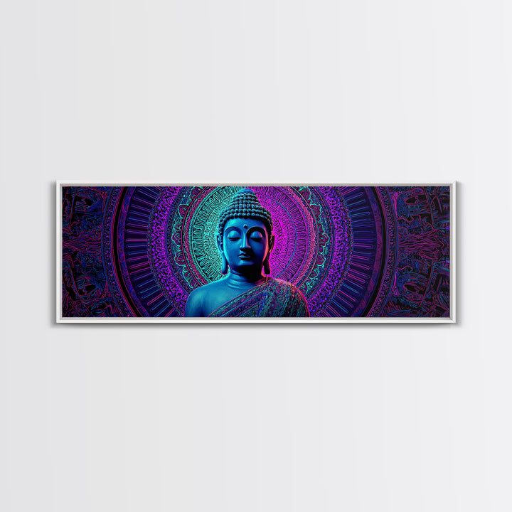 Neon Blue Buddha Meditation Wall Art, Framed Canvas Print, Zen Spiritual Decor, Mandala Yoga Room And Calming Spa Wall Decor