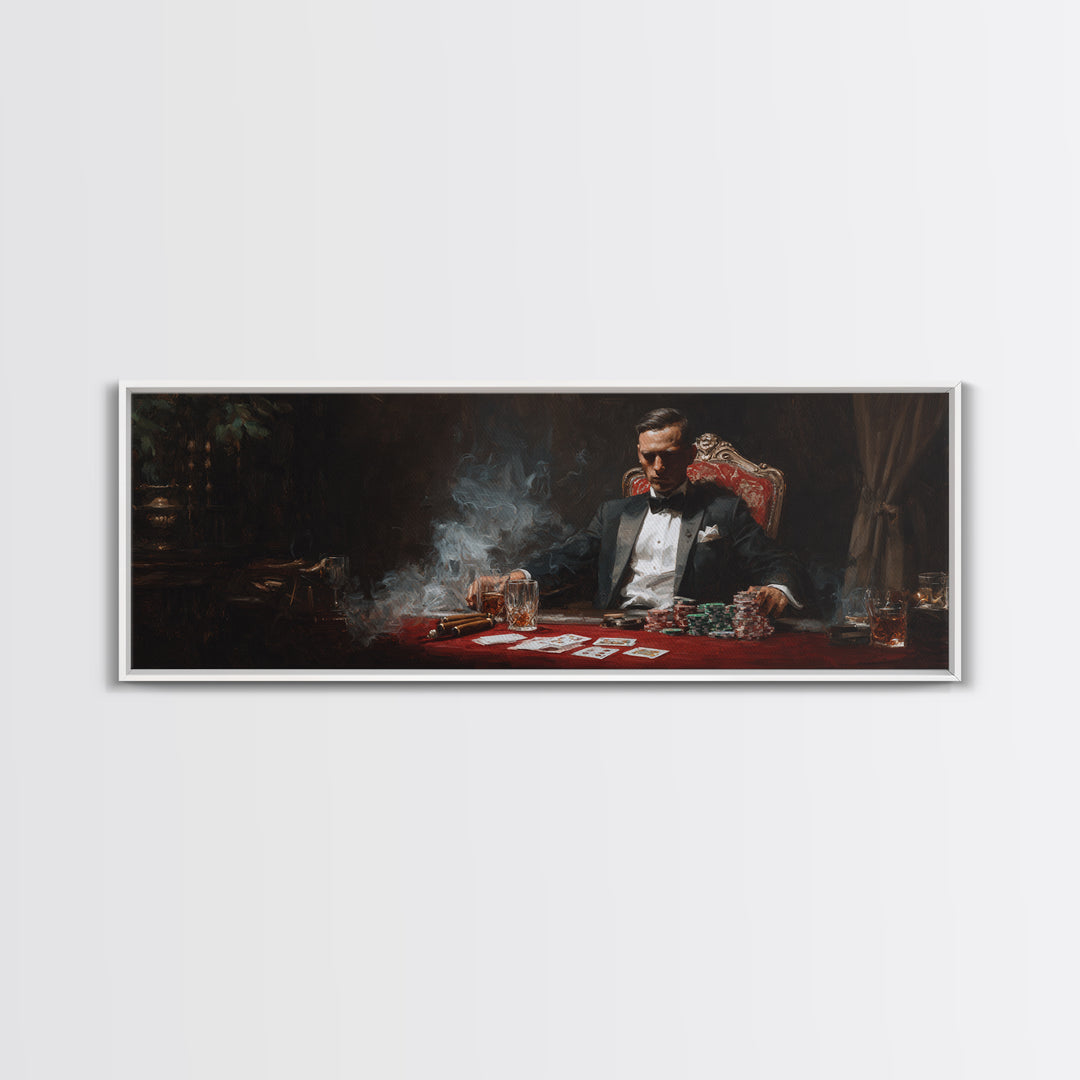 Moody Tuxedo Poker Player Framed Canvas Print, Casino Wall Art, Speakeasy Decor, Man Cave, Dark Academia Gift For Him Wall Decor