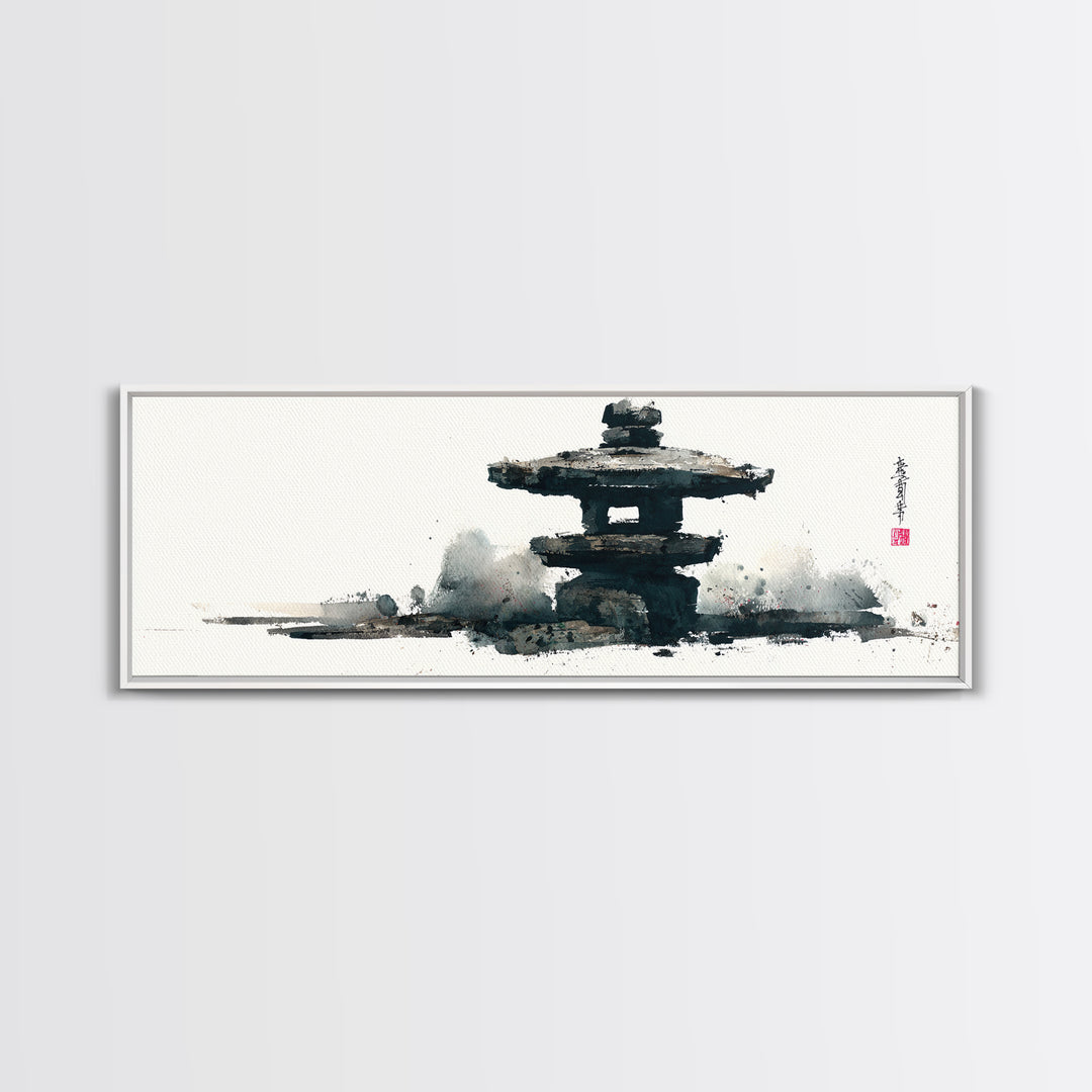 Minimal Japanese Pagoda Ink Wash Wall Art, Zen Framed Canvas Print For Japandi Decor, Asian Wall Decor And Meditation Room
