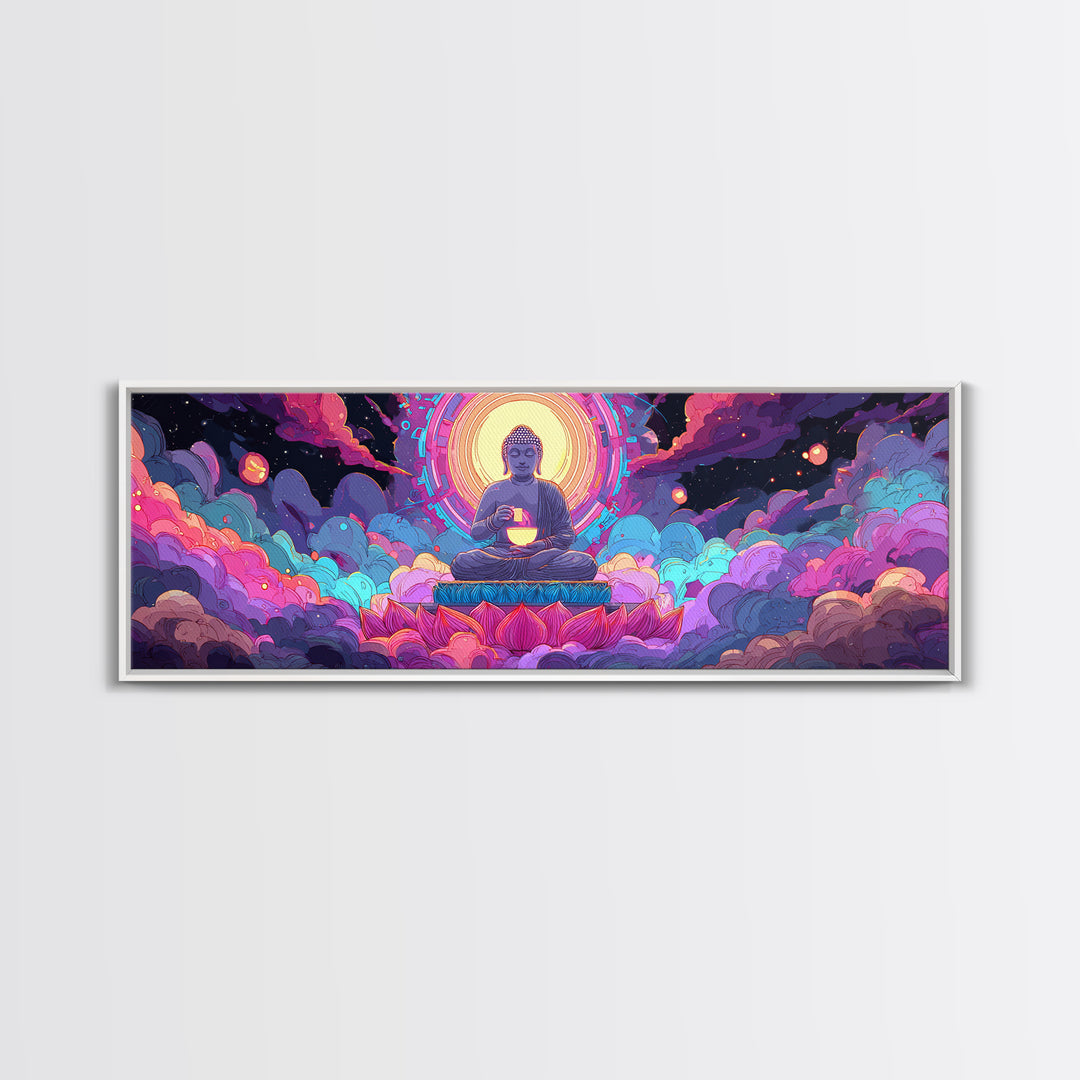 Radiant Buddha Lotus Meditation Canvas Print, Psychedelic Celestial Wall Art For Yoga Studio, Spiritual Home Decor Print