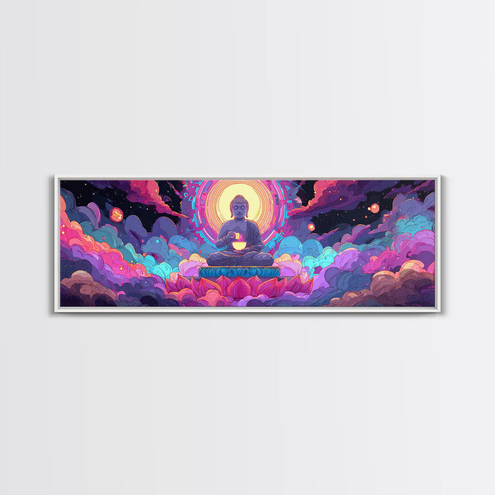 Radiant Buddha Lotus Meditation Canvas Print, Psychedelic Celestial Wall Art For Yoga Studio, Spiritual Home Decor Print