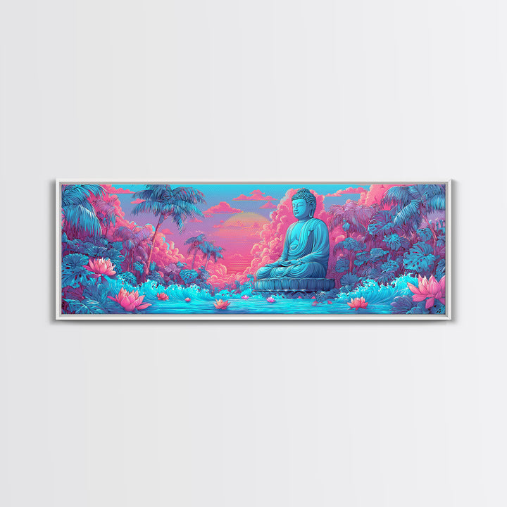 Pink Blue Buddha Garden Wall Art, Zen Meditation Canvas Print, Lotus Flower Spiritual Decor, Tropical Calming Room Art Print