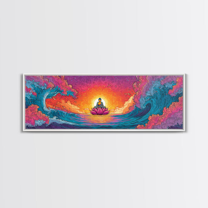 Pixel Buddha On Lotus Waves Wall Art, Celestial Meditation Canvas Print, Zen Yoga Room Decor, Vibrant Spiritual Gift For Home Decor