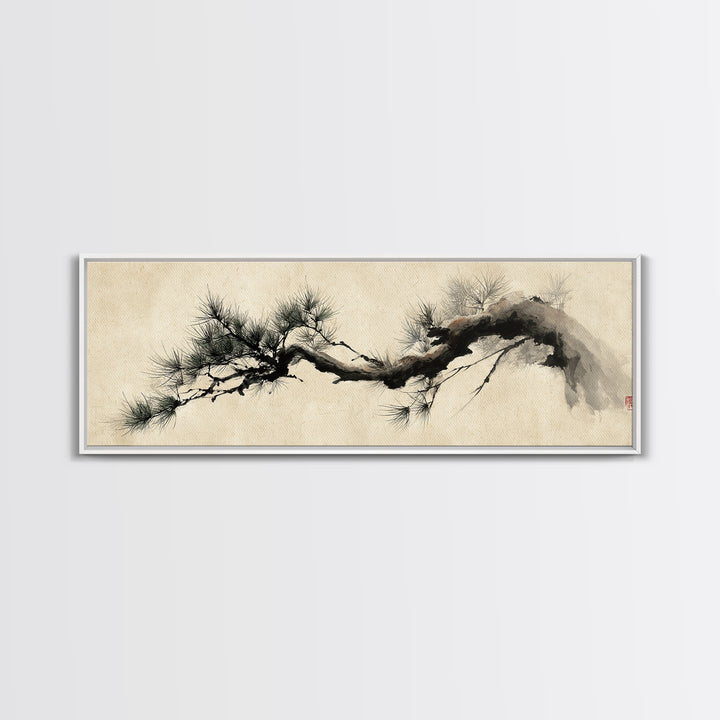 Japanese Ink Pine Branch Wall Art, Minimalist Zen Canvas Print, Asian Botanical Decor, Wabi Sabi Living Room Art, Home Decor