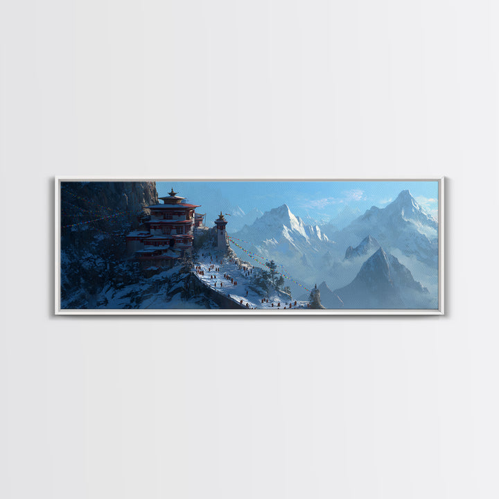 Himalayan Mountain Monastery Framed Canvas Print, Asian Landscape Art, Buddhist Wall Art, Travel Poster, Meditation Room Decor