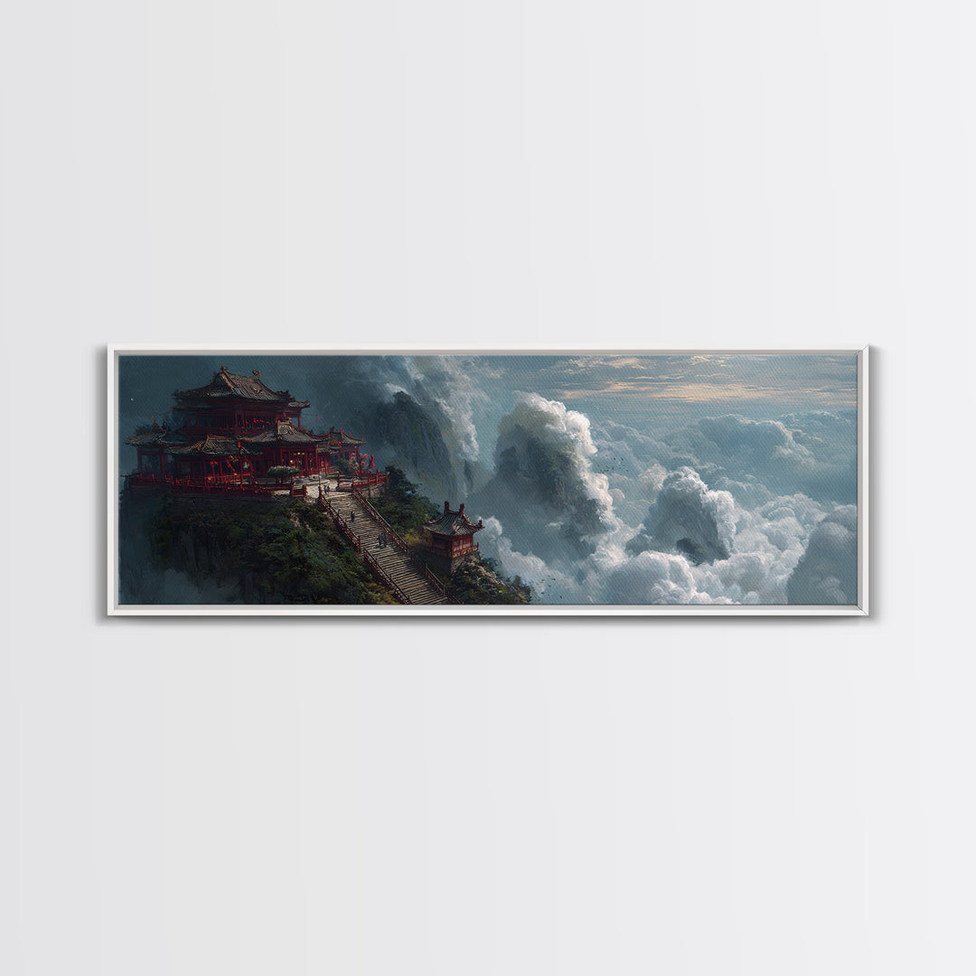 Cloud Temple Mountain Wall Art, Asian Pagoda Fantasy Landscape, Zen Home Decor Framed Canvas Print, Large Living Room Art