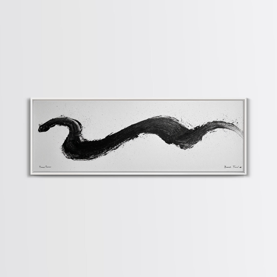Black Brushstroke Abstract Wall Art, Minimalist Ink Canvas Print, Black And White Modern Office Decor, Horizontal Wall Art