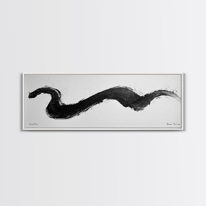 Black Brushstroke Abstract Wall Art, Minimalist Ink Canvas Print, Black And White Modern Office Decor, Horizontal Wall Art