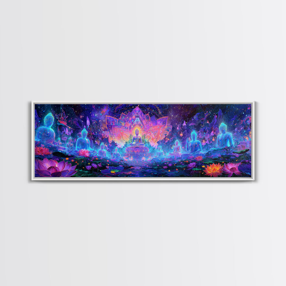Glowing Lotus Buddha Meditation Wall Art, Psychedelic Spiritual Canvas Print, Yoga Studio Decor, Celestial Mindfulness Gift