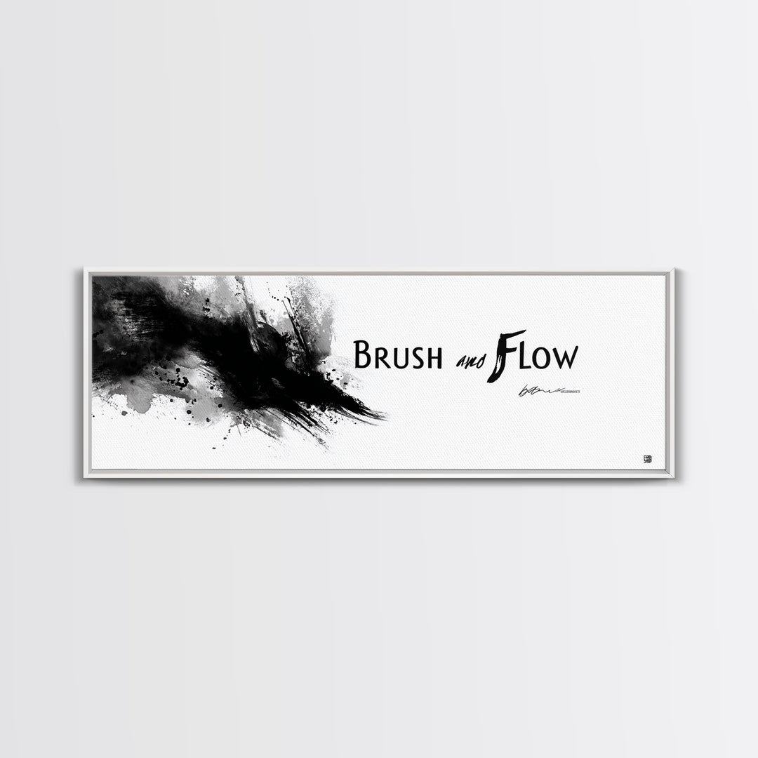 Brush And Flow Black Ink Canvas Print, Abstract Calligraphy Wall Art, Minimalist Black And White Office Wall Decor Print