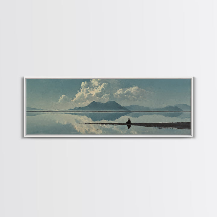 Quiet Mountain Lake Reflection With Lone Figure, Minimalist Wall Art, Landscape Canvas Print, Neutral Living Room Decor