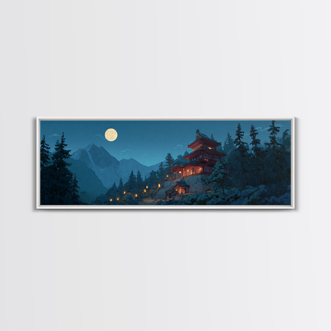 Moonlit Japanese Pagoda In Snowy Pines Wall Art, Japandi Mountain Landscape Canvas Print, Zen Decor, Serene Winter Home Decor
