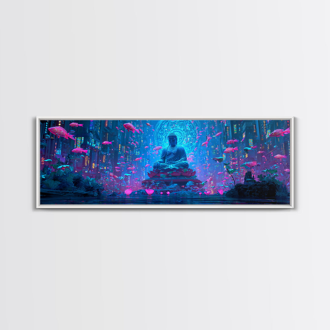 Neon Buddha Fish Temple Canvas Print, Zen Cyberpunk Wall Art, Meditation Room Decor, Futuristic Spiritual Wall Art Print