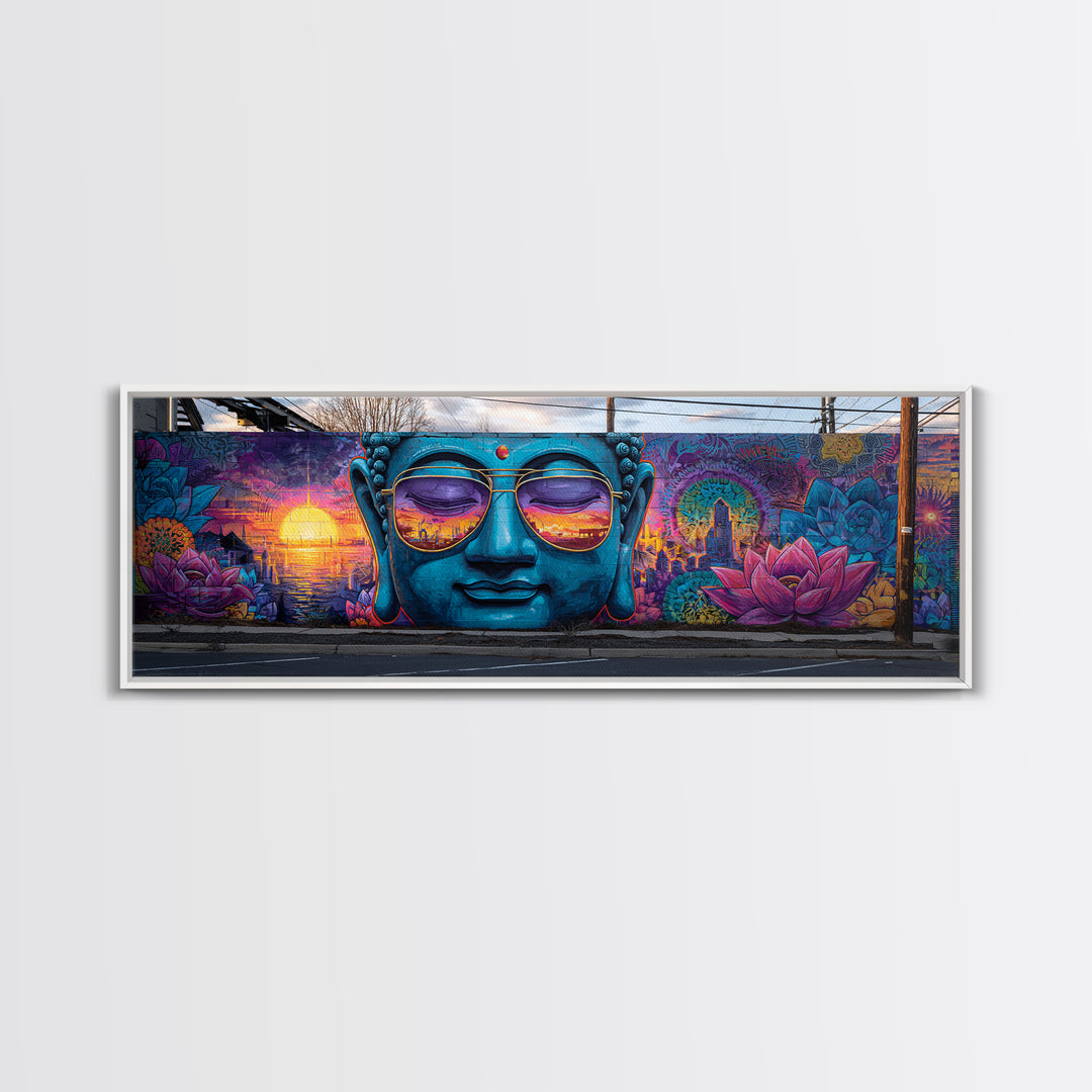 Buddha Mural With Sunset Sunglasses Wall Art, Urban Graffiti Canvas Print, Meditation Decor, Lotus Street Art, Calming Zen Gift