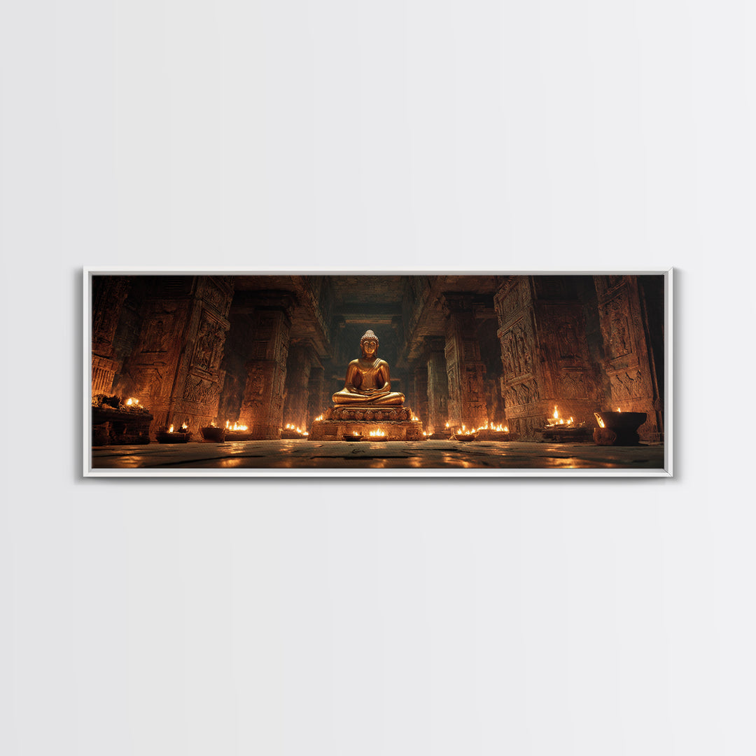 Golden Buddha In Candlelit Temple Framed Canvas Print, Spiritual Meditation Wall Art, Zen Spa Decor For Prayer Room And Yoga Room