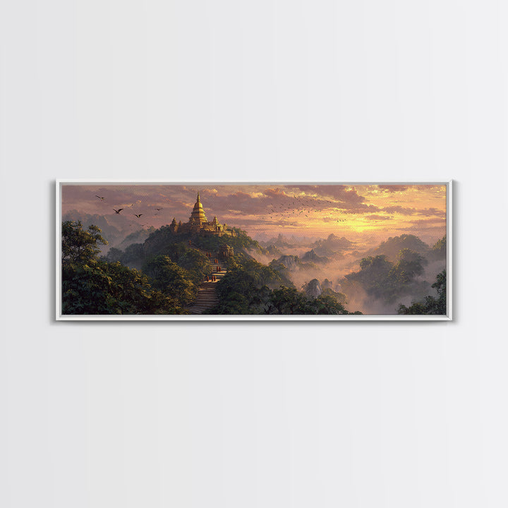 Golden Mountain Pagoda Temple Wall Art, Asian Jungle Sunrise Canvas, Spiritual Landscape Print, Meditation Room Decor, Zen Home Decor