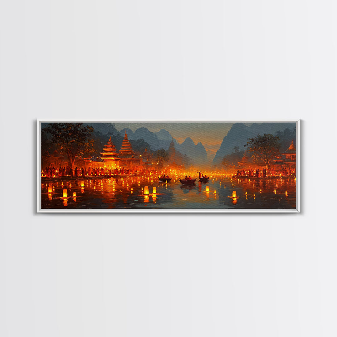 Glowing Lantern Festival Wall Art, Asian River Temple Canvas Print, Magical Night Landscape, Travel Inspired Home Decor Print