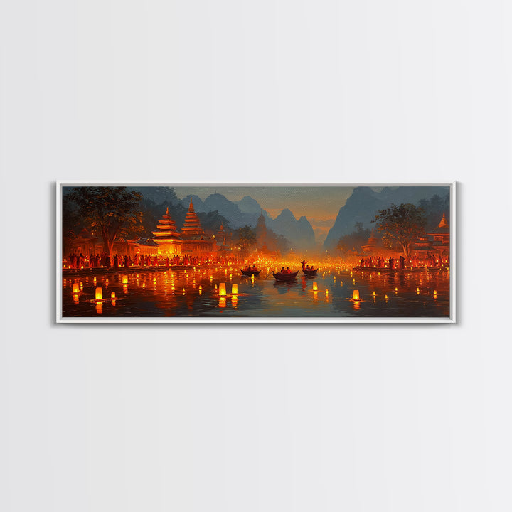 Glowing Lantern Festival Wall Art, Asian River Temple Canvas Print, Magical Night Landscape, Travel Inspired Home Decor Print