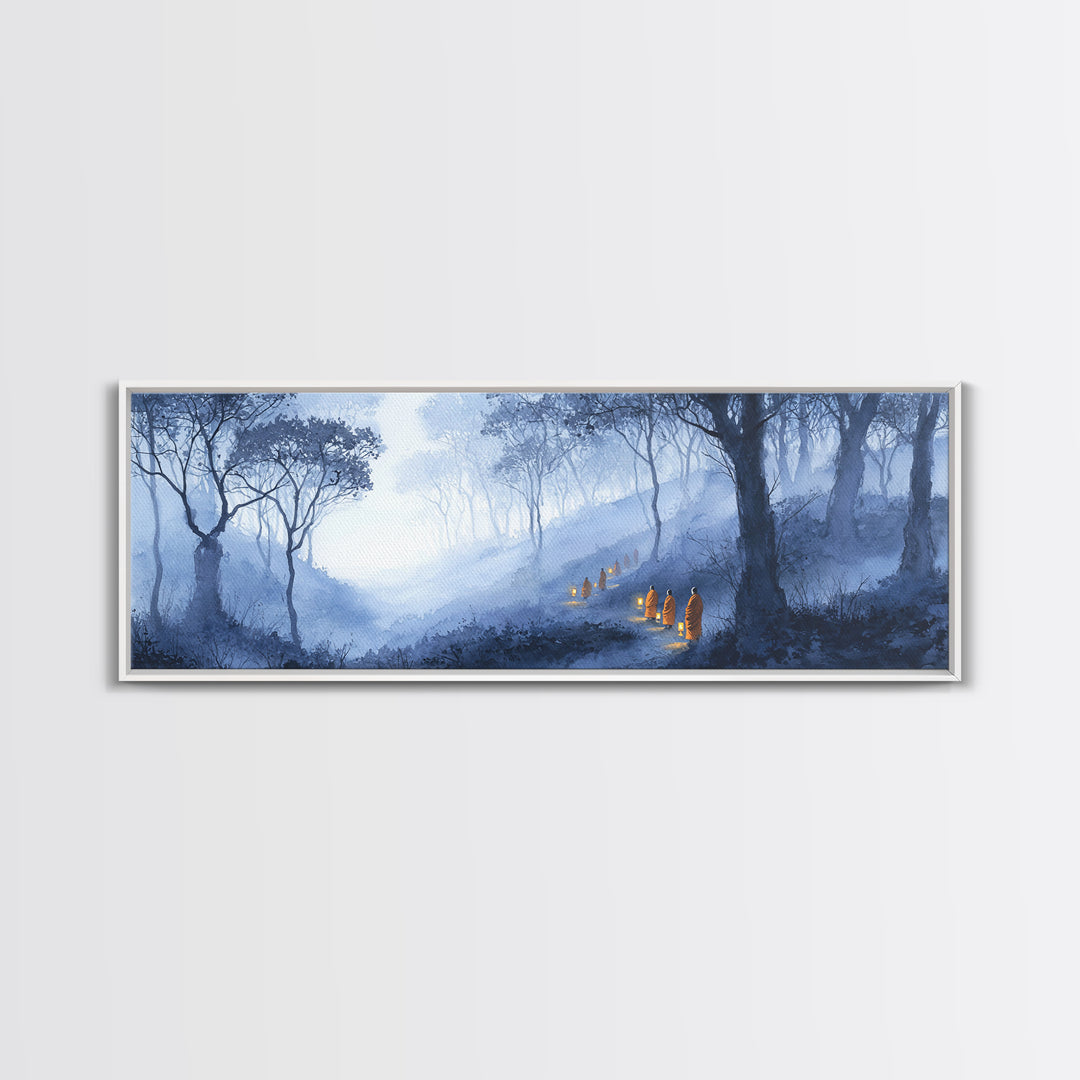 Misty Blue Enchanted Forest Wall Art, Hooded Lantern Path Fantasy Landscape, Dark Academia Decor, Gothic Canvas Print Gift