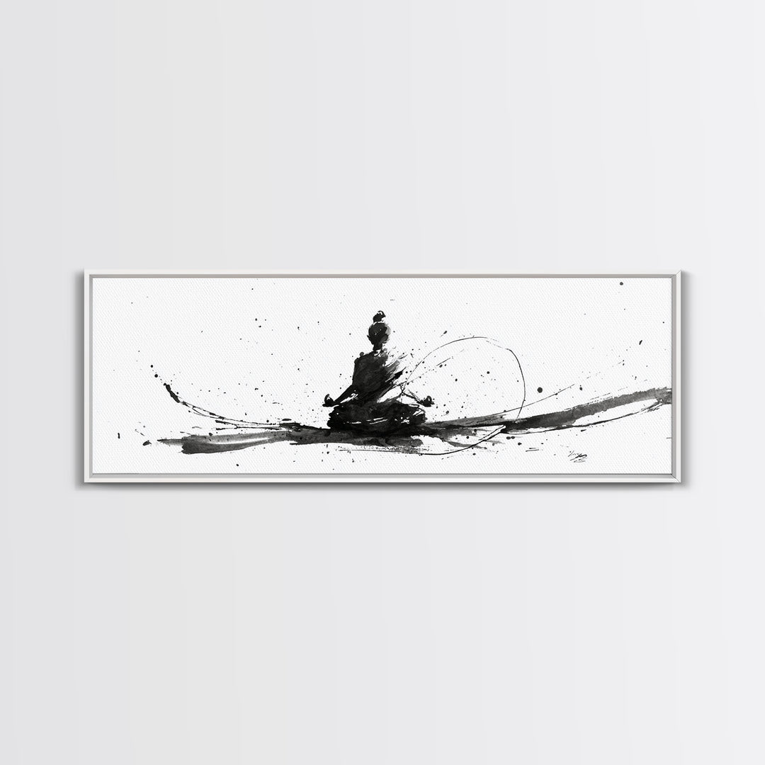 Minimalist Ink Meditation Figure Wall Art, Black And White Zen Canvas Print, Mindfulness Decor For Yoga Studio And Office