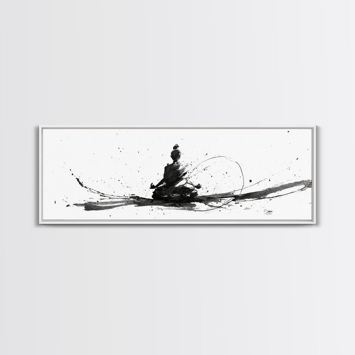 Minimalist Ink Meditation Figure Wall Art, Black And White Zen Canvas Print, Mindfulness Decor For Yoga Studio And Office