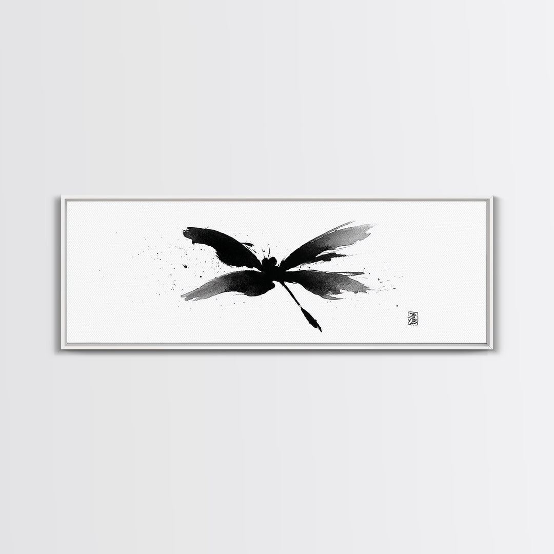 Black Ink Dragonfly Wall Art, Minimalist Japanese Brush Painting, Zen Decor, Black And White Art, Horizontal Canvas Print