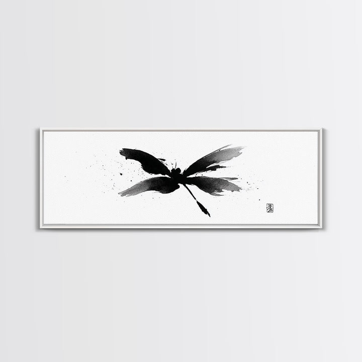 Black Ink Dragonfly Wall Art, Minimalist Japanese Brush Painting, Zen Decor, Black And White Art, Horizontal Canvas Print