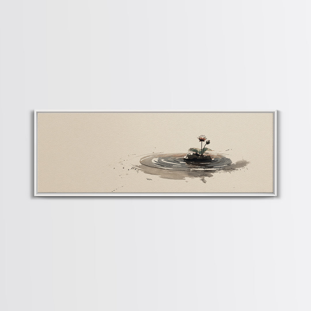 Minimal Zen Water Ripple With Tiny Flower Canvas Print, Wabi Sabi Wall Art, Japandi Decor, Neutral Minimalist Home Decor