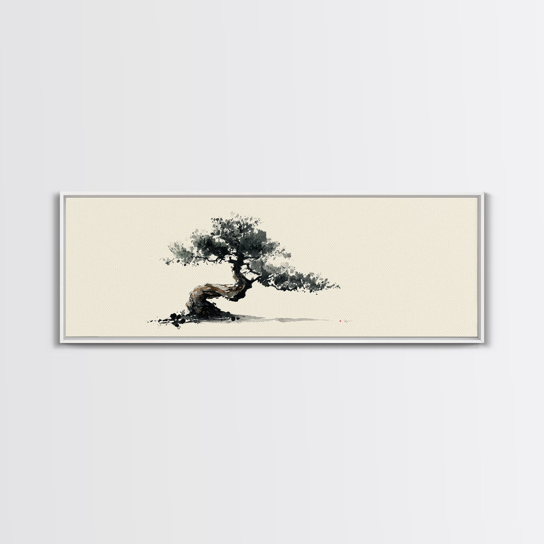 Minimalist Bonsai Tree Wall Art, Japanese Ink Painting Print, Zen Home Decor, Japandi Office Art, Calming Nature Canvas Print