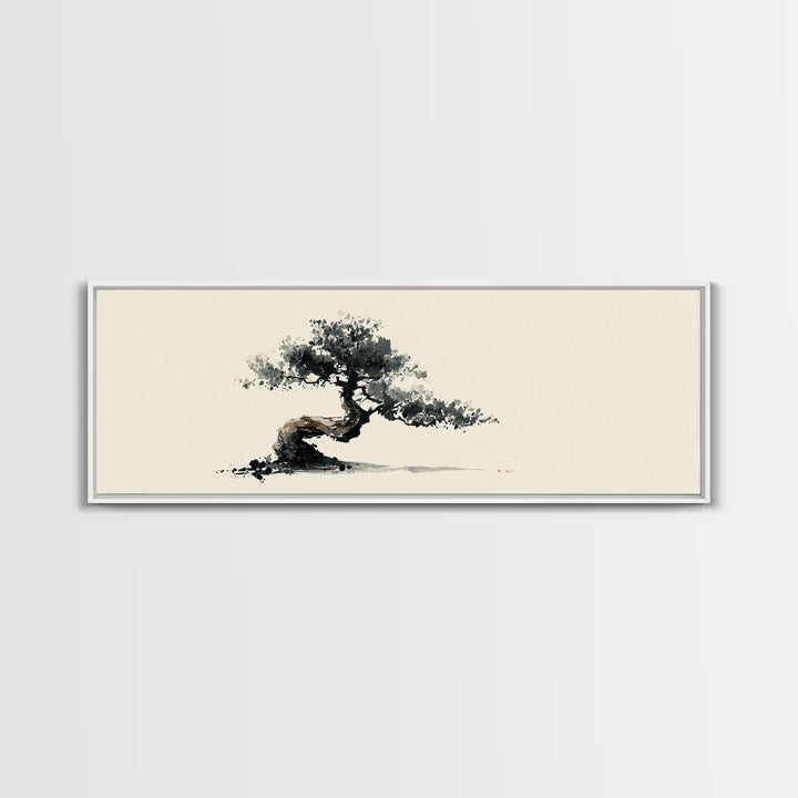 Minimalist Bonsai Tree Wall Art, Japanese Ink Painting Print, Zen Home Decor, Japandi Office Art, Calming Nature Canvas Print