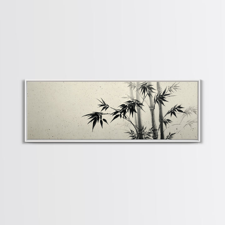 Minimalist Black Ink Bamboo Wall Art, Japanese Sumi Brush Canvas Print, Zen Botanical Decor For Calm Living Room Wall Decor