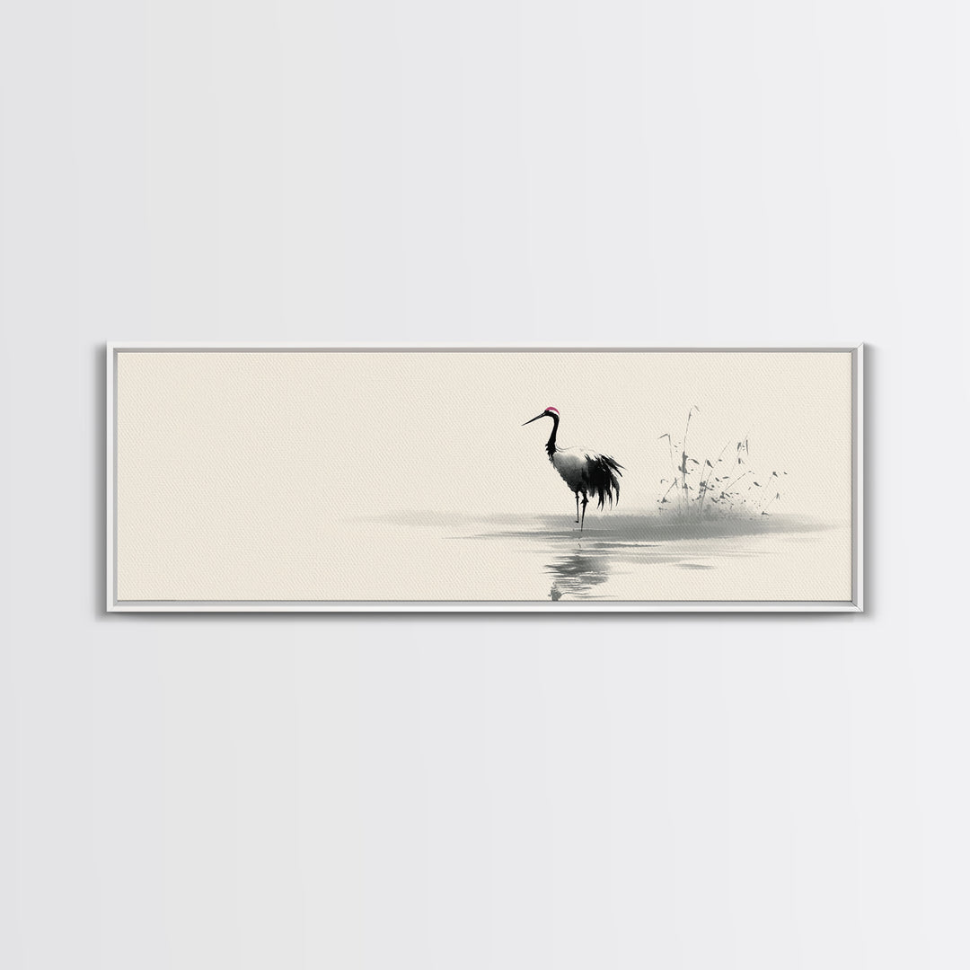 Minimalist Crane By Water Framed Canvas Print, Japanese Wall Art, Zen Bird Illustration, Neutral Living Room Decor, Fine Art Print