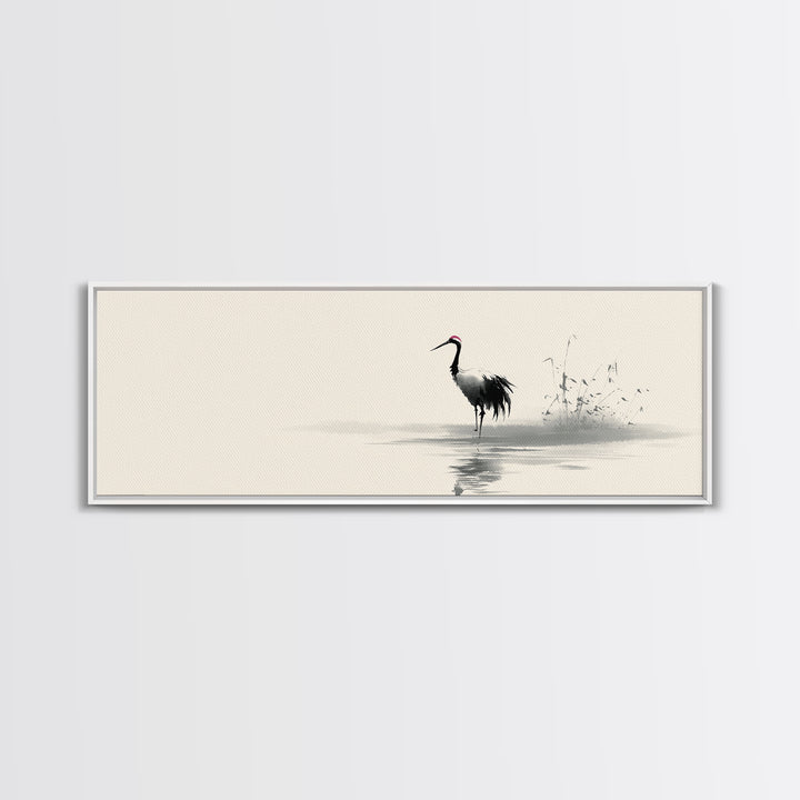 Minimalist Crane By Water Framed Canvas Print, Japanese Wall Art, Zen Bird Illustration, Neutral Living Room Decor, Fine Art Print