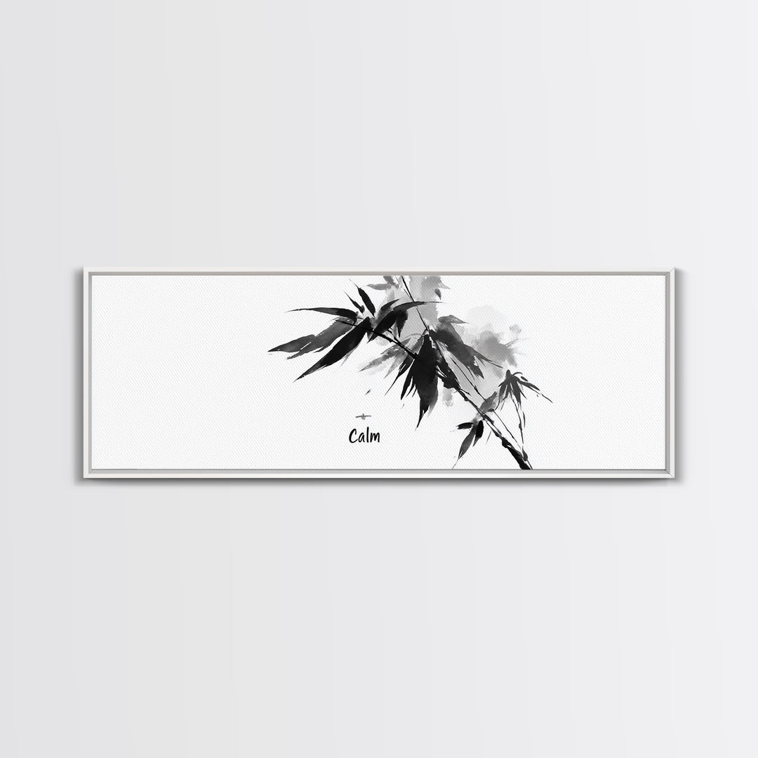 Black Ink Bamboo Calm Wall Art, Minimalist Japanese Zen Brush Painting, Black And White Decor, Peaceful Meditation Canvas Print