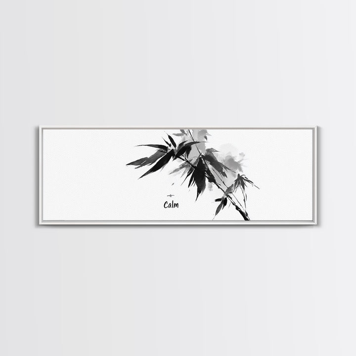 Black Ink Bamboo Calm Wall Art, Minimalist Japanese Zen Brush Painting, Black And White Decor, Peaceful Meditation Canvas Print