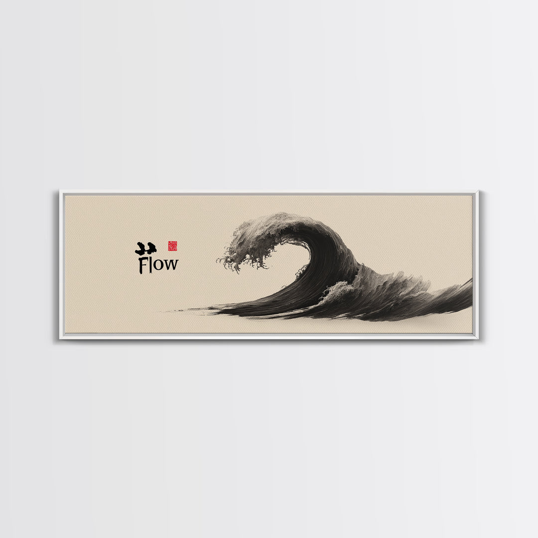 Japanese Ink Wave Flow Wall Art, Black And White Zen Ocean Canvas Print, Minimalist Japandi Decor For Meditation Room Home Decor