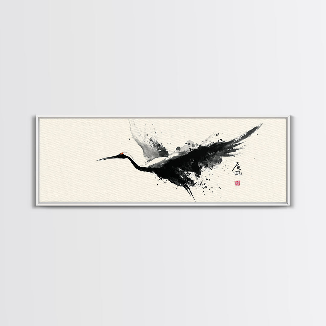 Black Ink Crane Wall Art, Japanese Brush Canvas Print, Minimalist Bird Art, Black And White Art, Zen Wall Decor, Asian Inspired Art