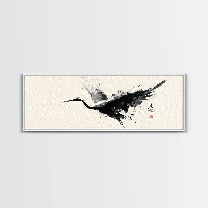 Black Ink Crane Wall Art, Japanese Brush Canvas Print, Minimalist Bird Art, Black And White Art, Zen Wall Decor, Asian Inspired Art