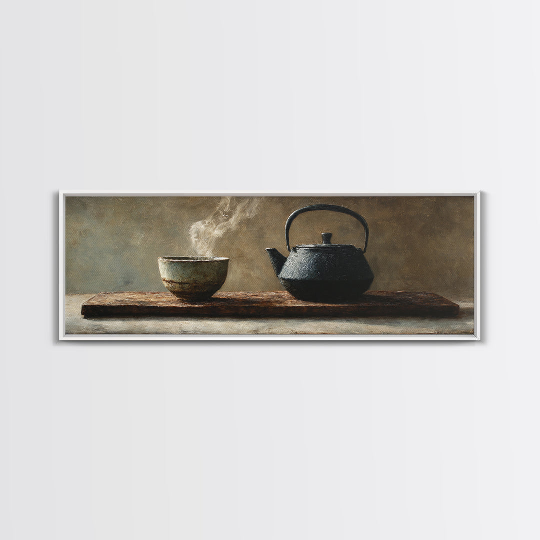 Wabi Sabi Tea Bowl And Cast Iron Teapot Wall Art, Zen Kitchen Still Life, Japanese Minimalist Decor, Framed Canvas Print