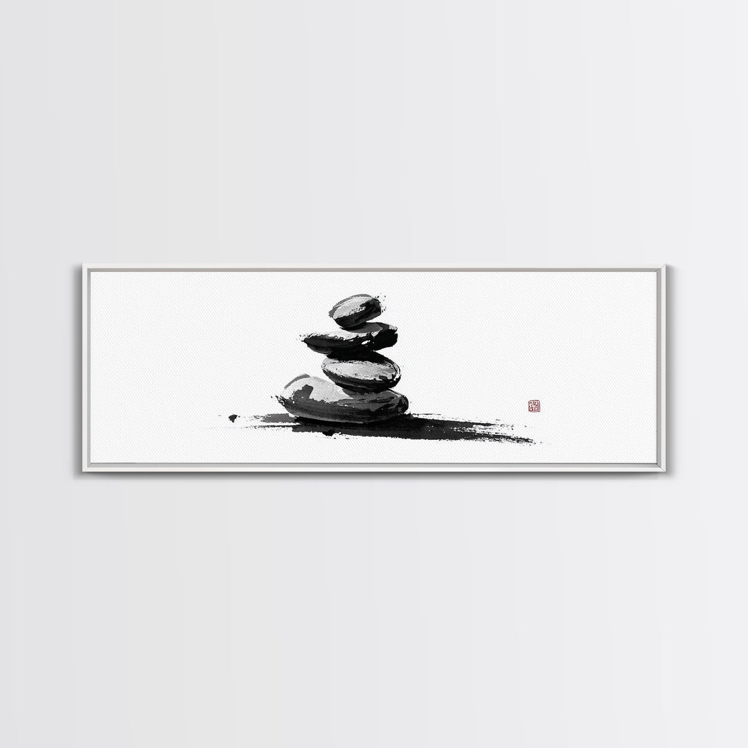 Stacked Zen Stones Canvas Print, Minimalist Wall Art, Sumi Ink Painting, Spa Decor, Meditation Room, Neutral Home Decor Art