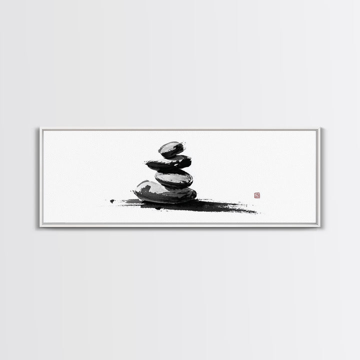 Stacked Zen Stones Canvas Print, Minimalist Wall Art, Sumi Ink Painting, Spa Decor, Meditation Room, Neutral Home Decor Art