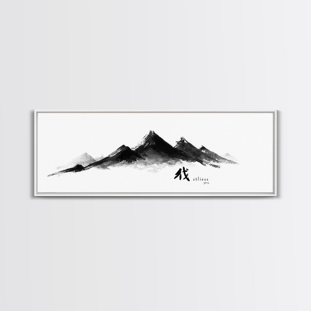 Japanese Ink Mountain Range With Calligraphy Wall Art, Minimalist Canvas Print, Zen Decor, Black And White Office Art, Japandi Decor