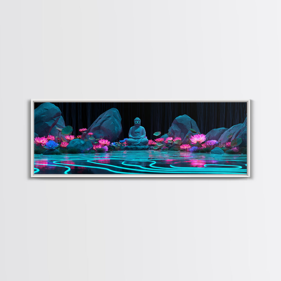 Neon Buddha Lotus Pond Wall Art, Zen Meditation Canvas, Spiritual Decor, Japandi Wall Decor, Yoga Room, Calming Art Print